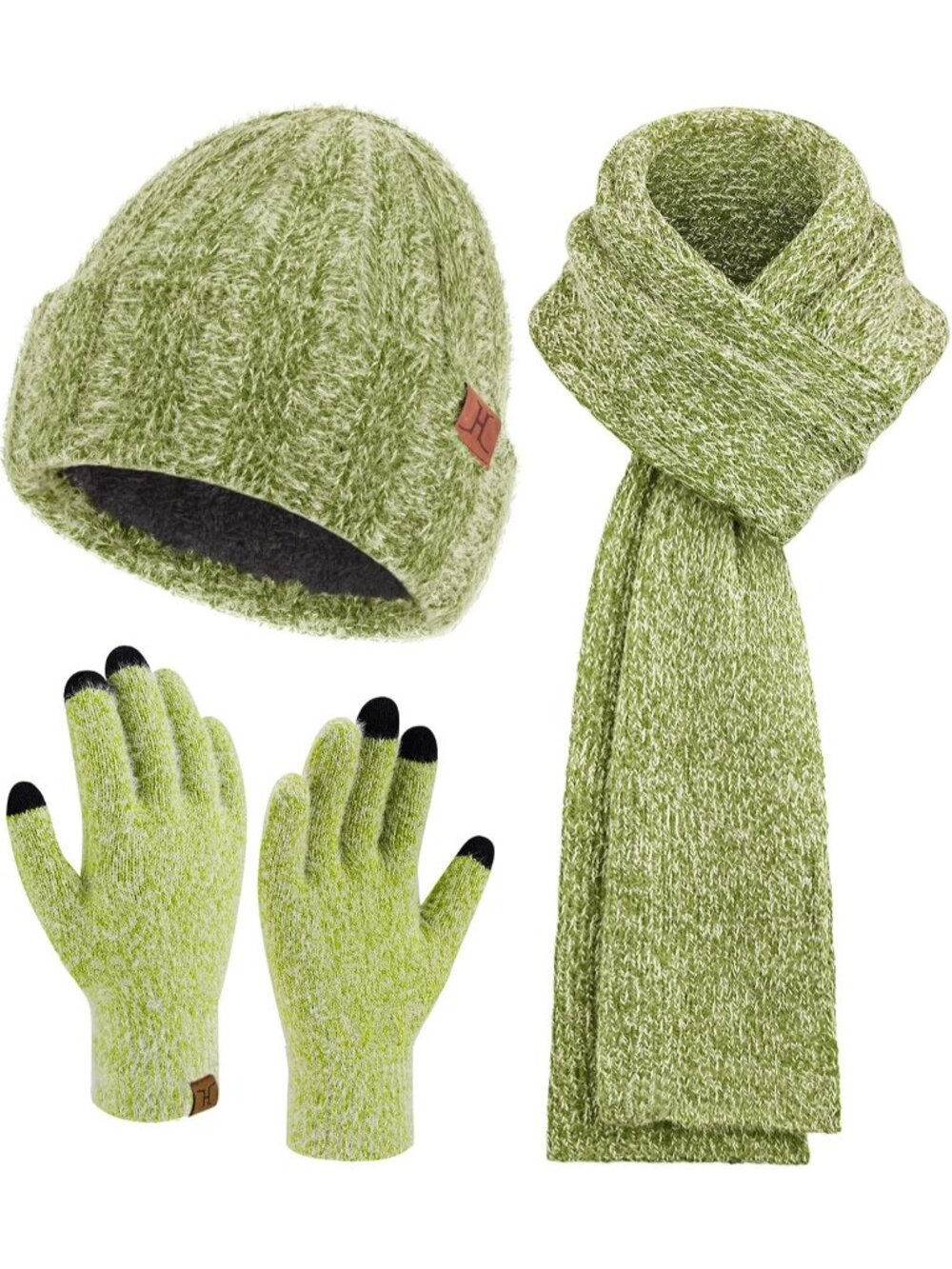 Women's Green Winter Beanie Hat and Scarf Warm Touchscreen Thick Thermal Gloves